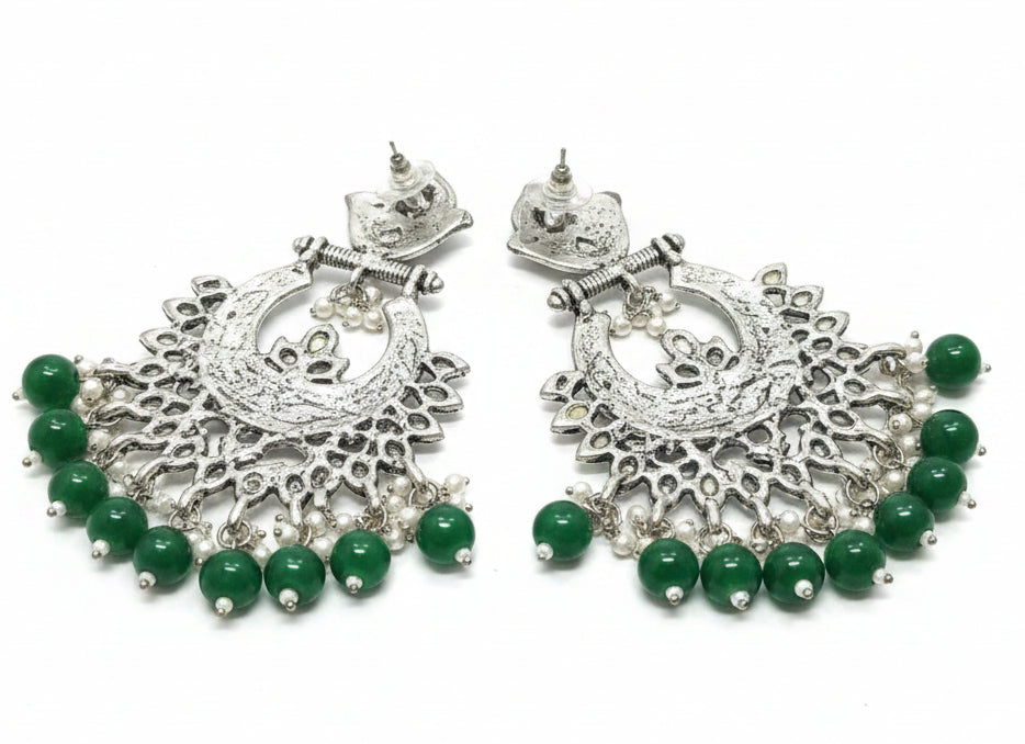 Jazz and Sizzle Pair Of Silver And Green Beaded Oxidized Chandbali Earrings