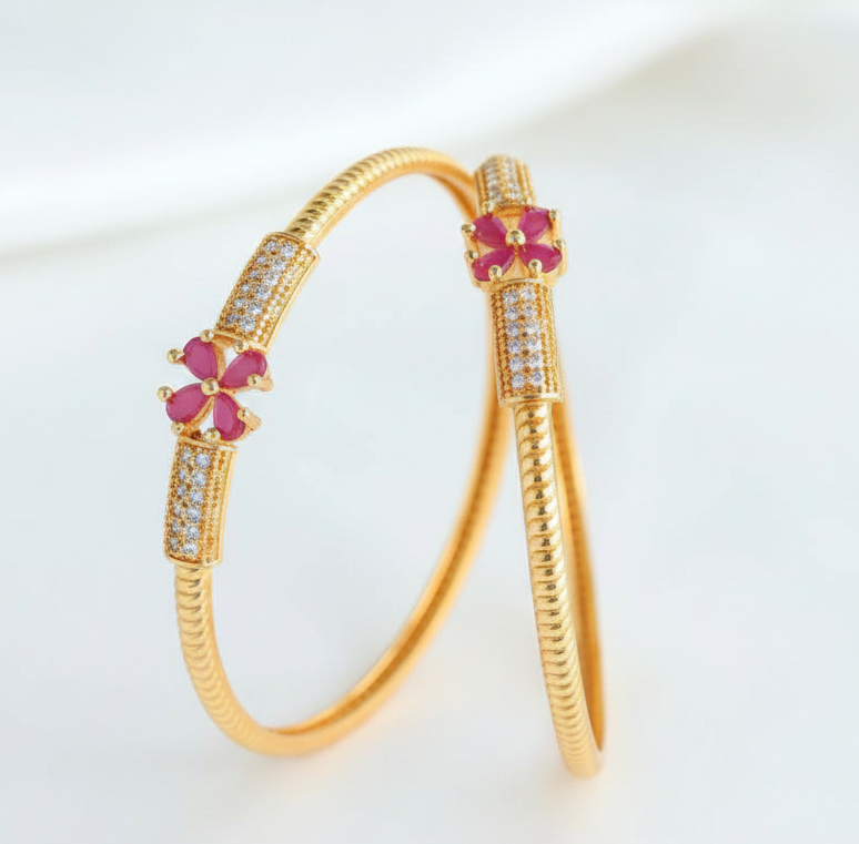 Set Of 2 18K Gold-Plated Ruby Floral & Zircon Studded Bangles