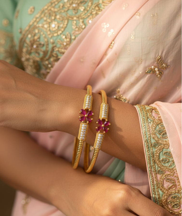 Set Of 2 18K Gold-Plated Ruby Floral & Zircon Studded Bangles