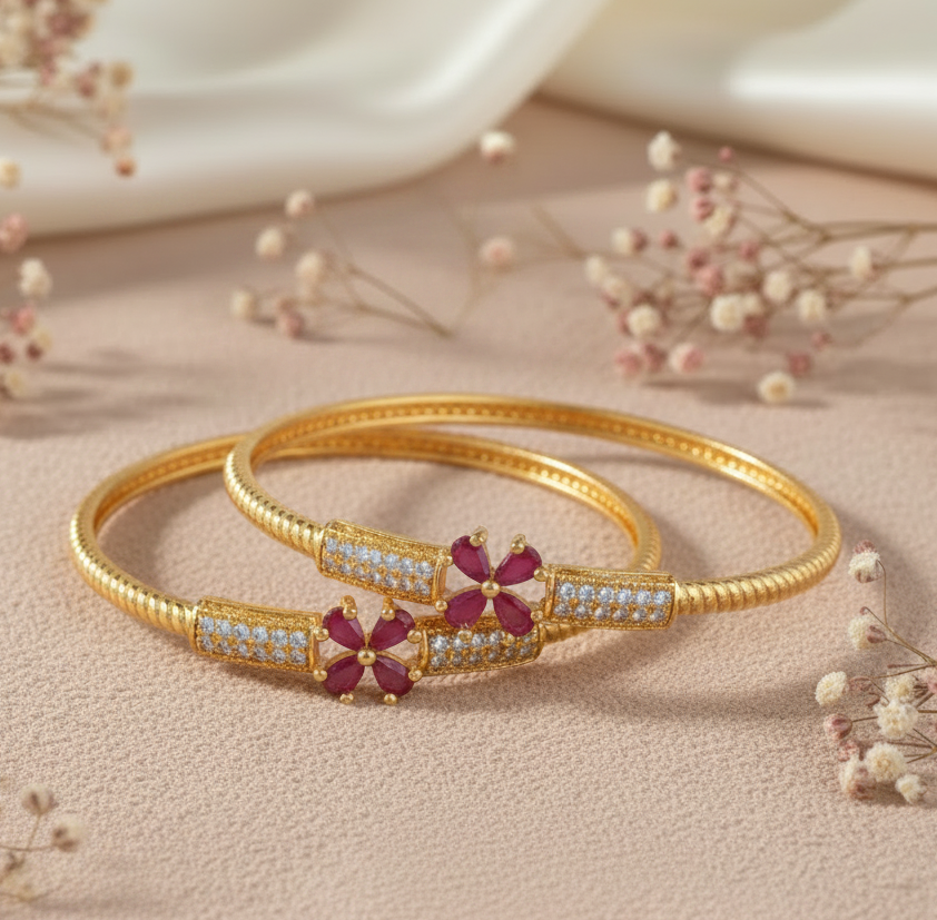 Set Of 2 18K Gold-Plated Ruby Floral & Zircon Studded Bangles