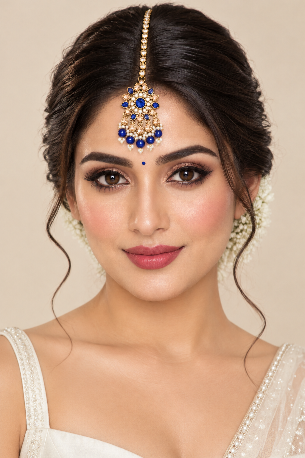 Gold Plated Blue Stone & Kundan Studded & Beaded Floral Shaped MaangTika