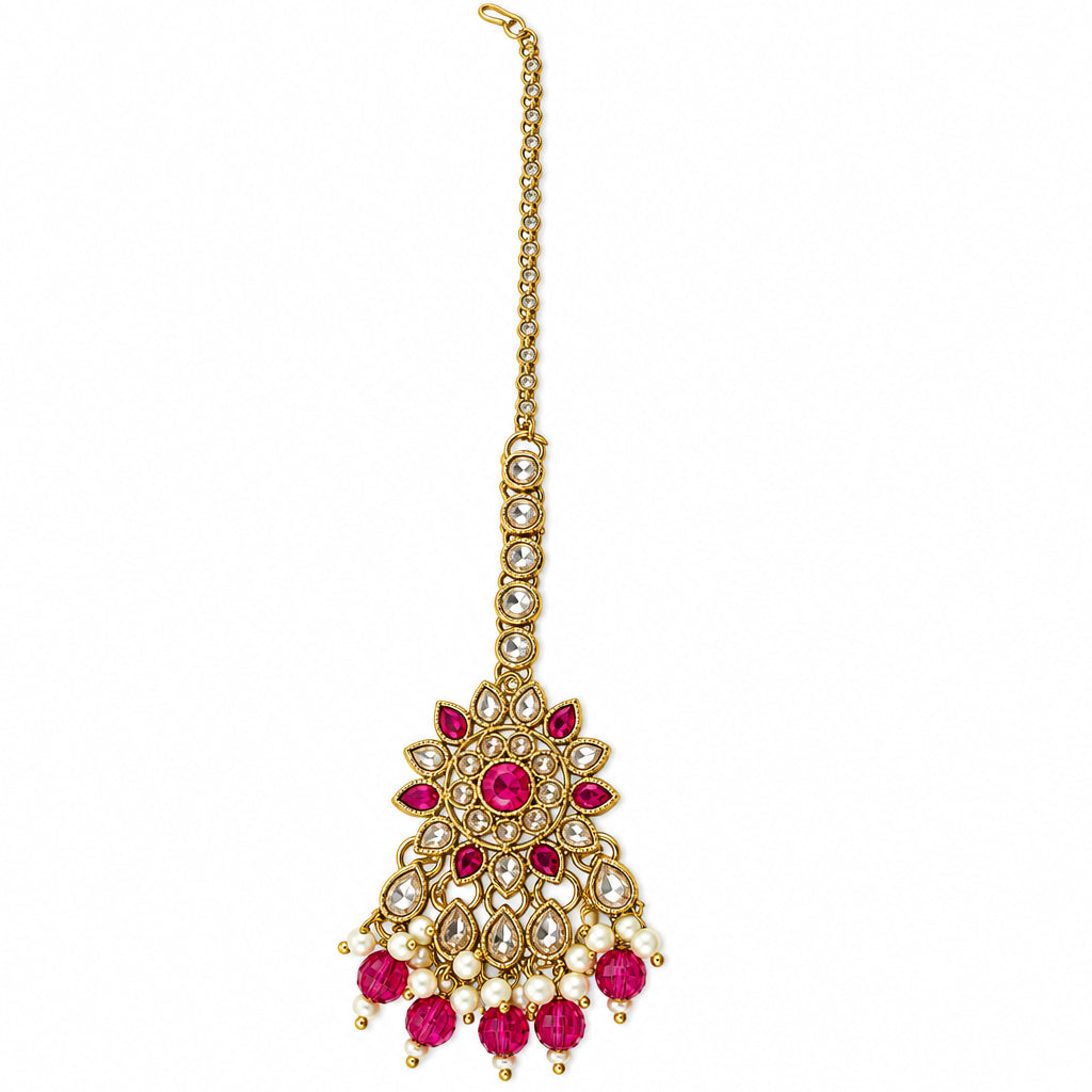 Gold Plated Pink Stone & Kundan Studded & Beaded Floral Shaped MaangTika