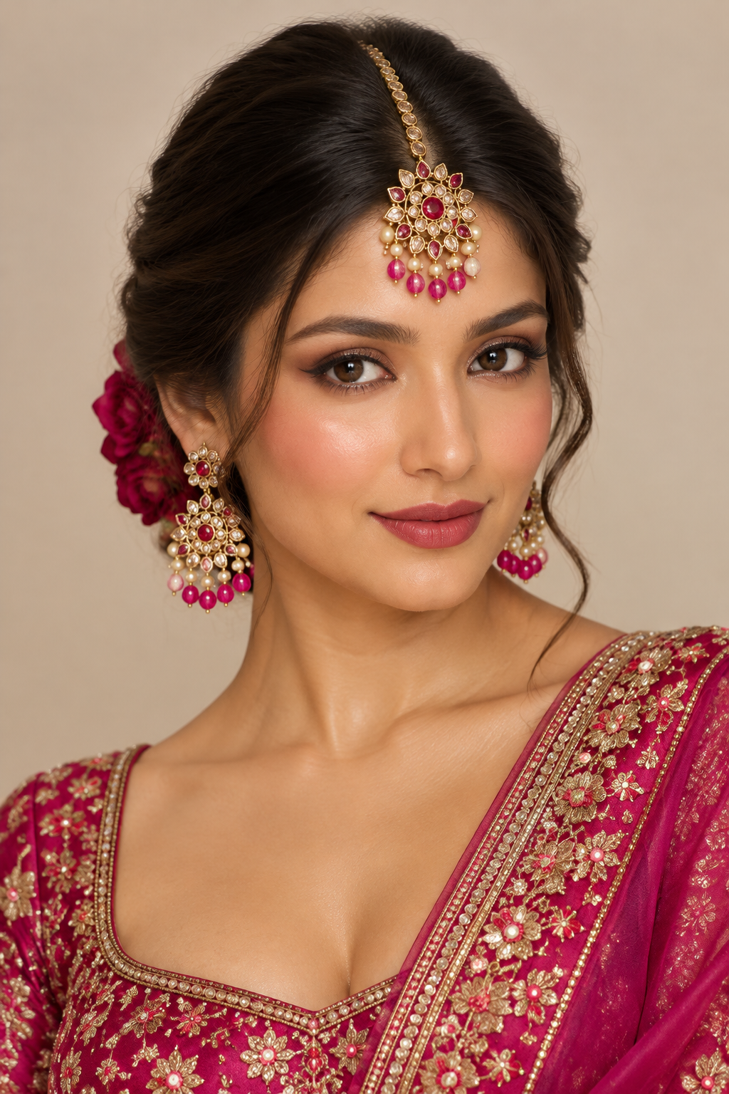 Gold Plated Pink Stone & Kundan Studded & Beaded Floral Shaped MaangTika