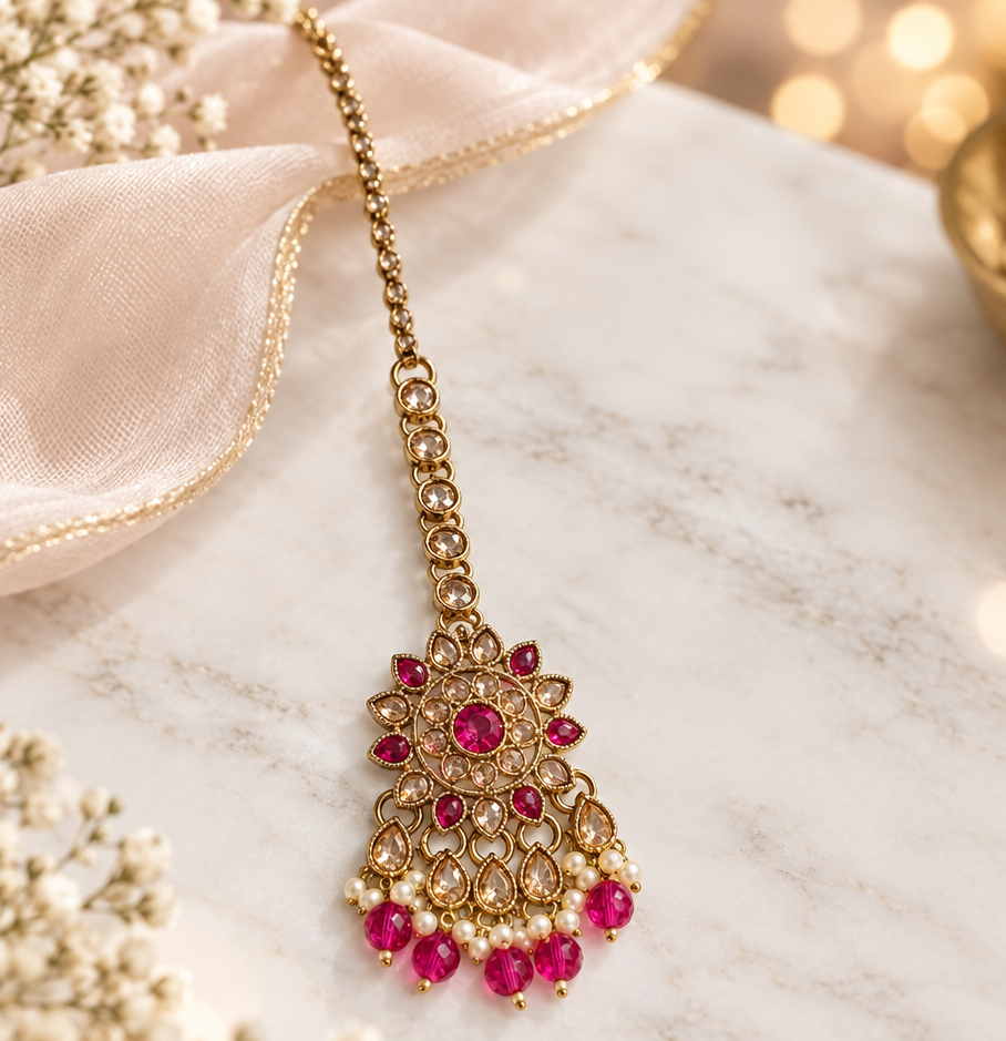 Gold Plated Pink Stone & Kundan Studded & Beaded Floral Shaped MaangTika