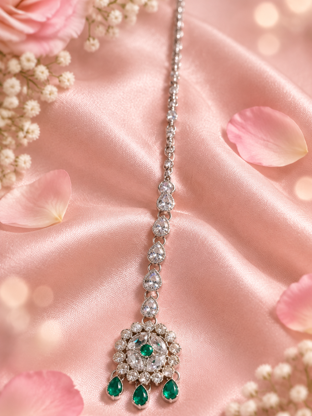 Silver Plated & Green American Diamon Studded Round Shaped MaangTika