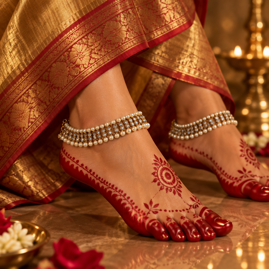 Aatmana Set Of 2 Gold Plated Kundan Studded & Crystal Beaded Anklets