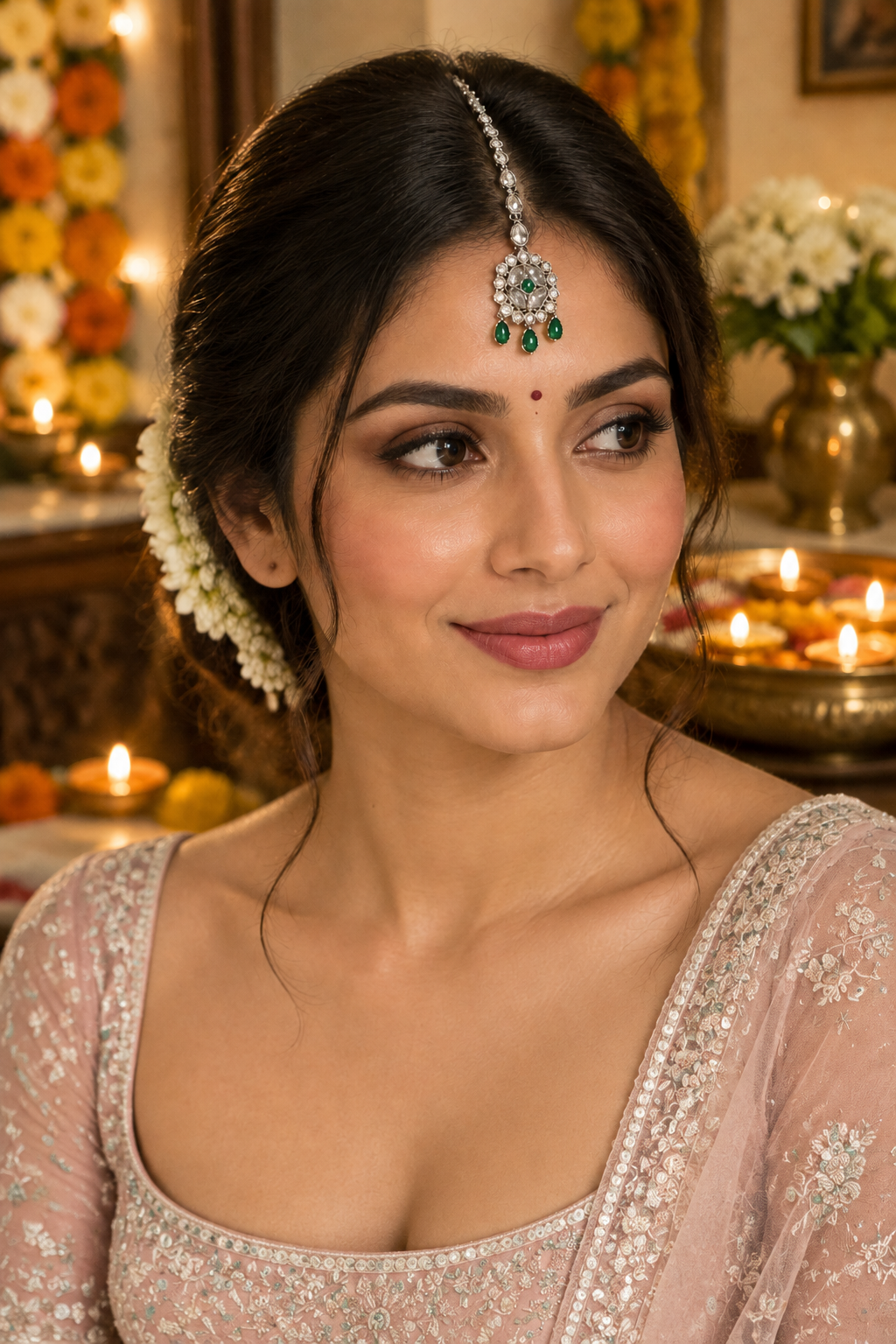 Silver Plated & Green American Diamon Studded Round Shaped MaangTika