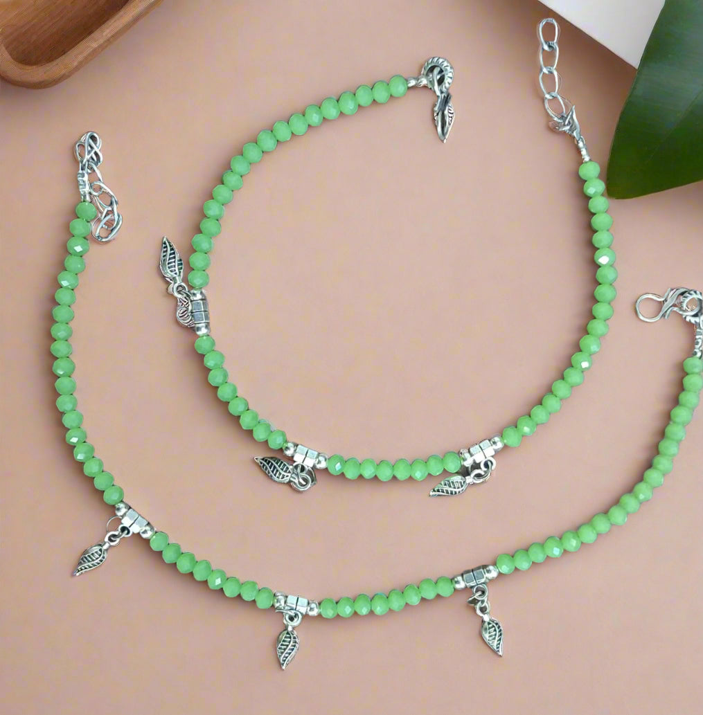 Set Of 2 Life Of Leaf Charms Beaded Handcrafted Anklets
