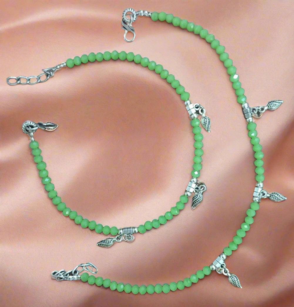 Set Of 2 Life Of Leaf Charms Beaded Handcrafted Anklets