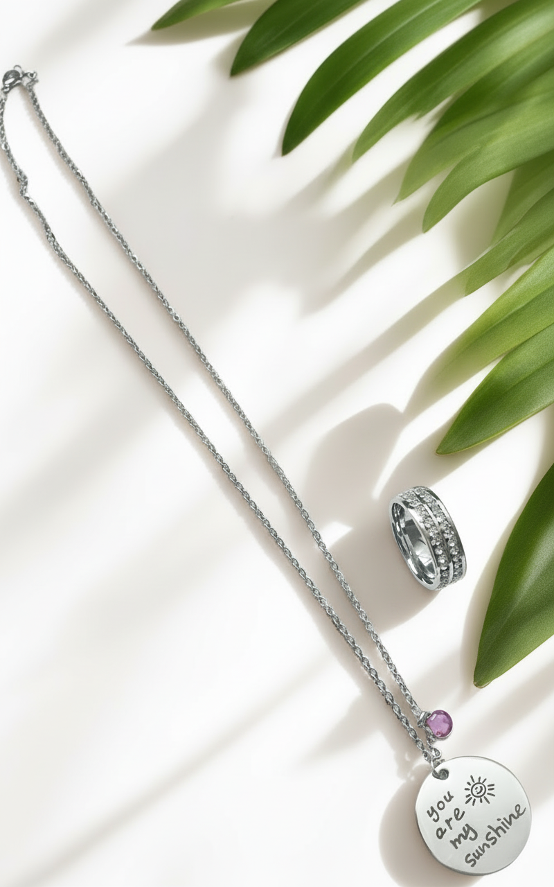 Jazz And Sizzle Set of 2 CZ Studded Ring & You Are My Sunshine Necklace Valentine Gift for Him & Her