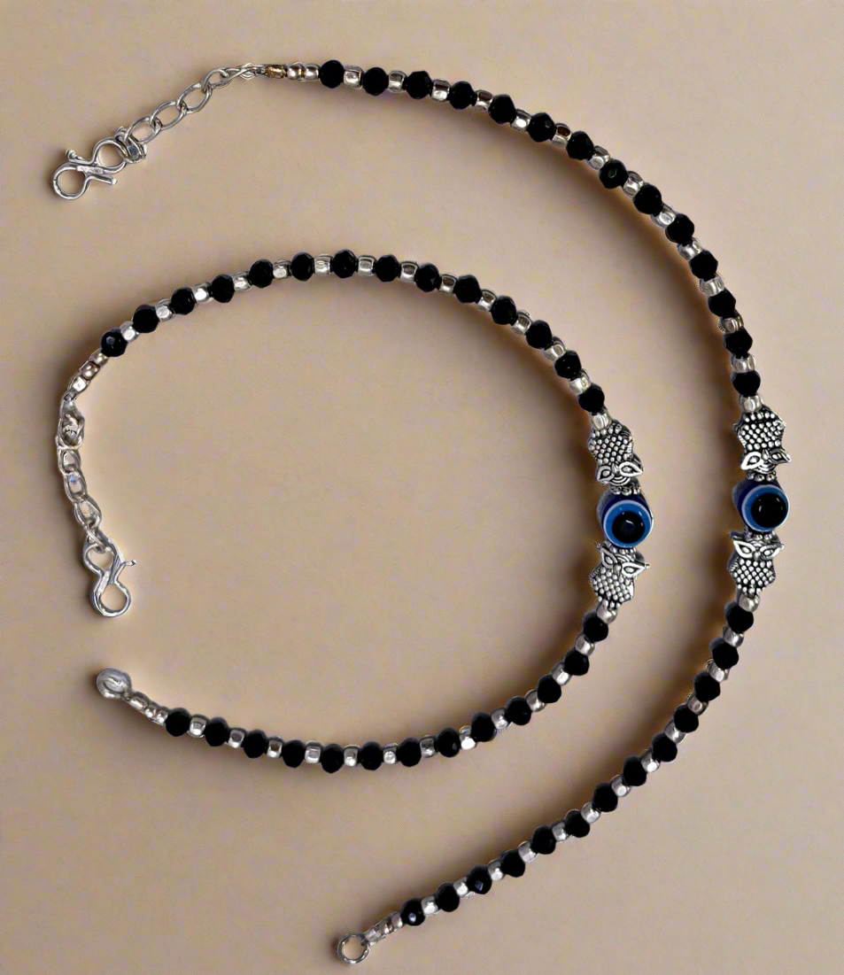 Silver-Plated & Black Beaded Handcrafted Owl & Evil Eye Anklet
