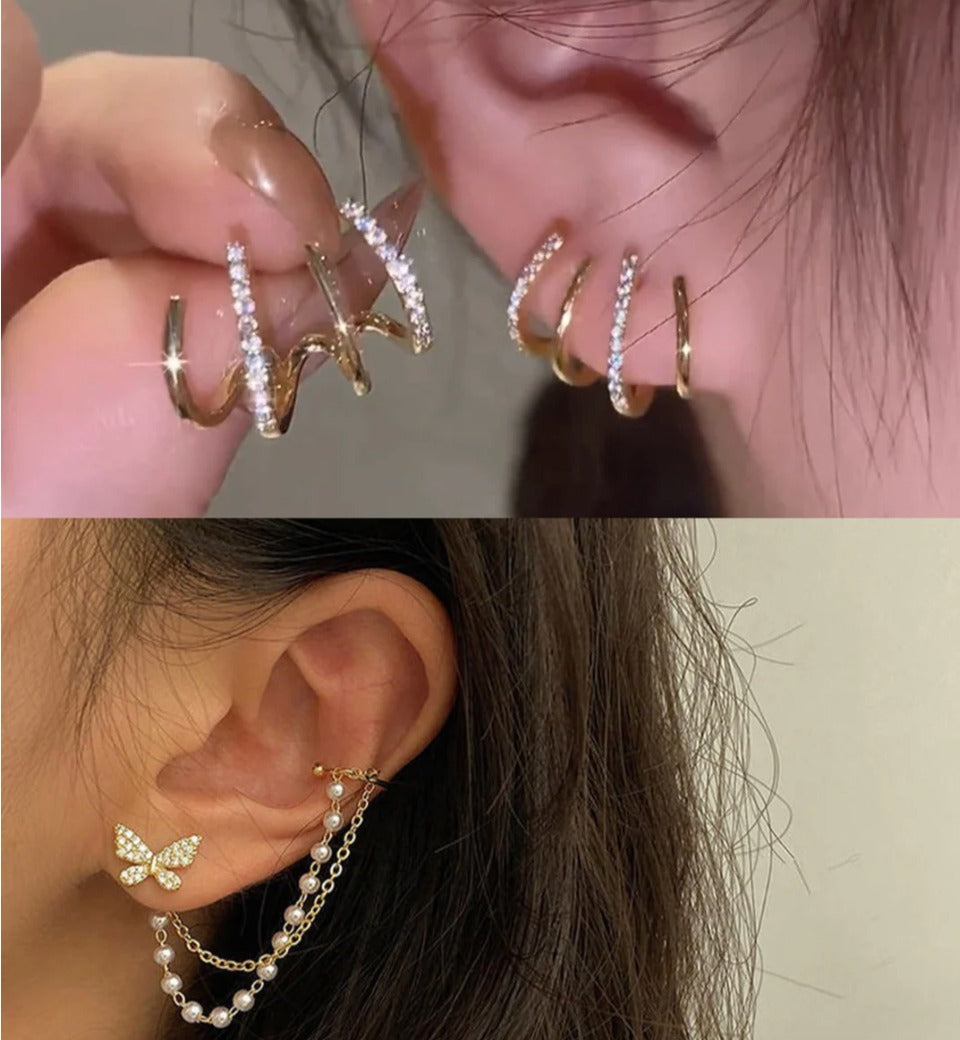 Jazz And Sizzle Set of 2 Gold-Plated Hoop & Butterfly Chain Cuff Earrings