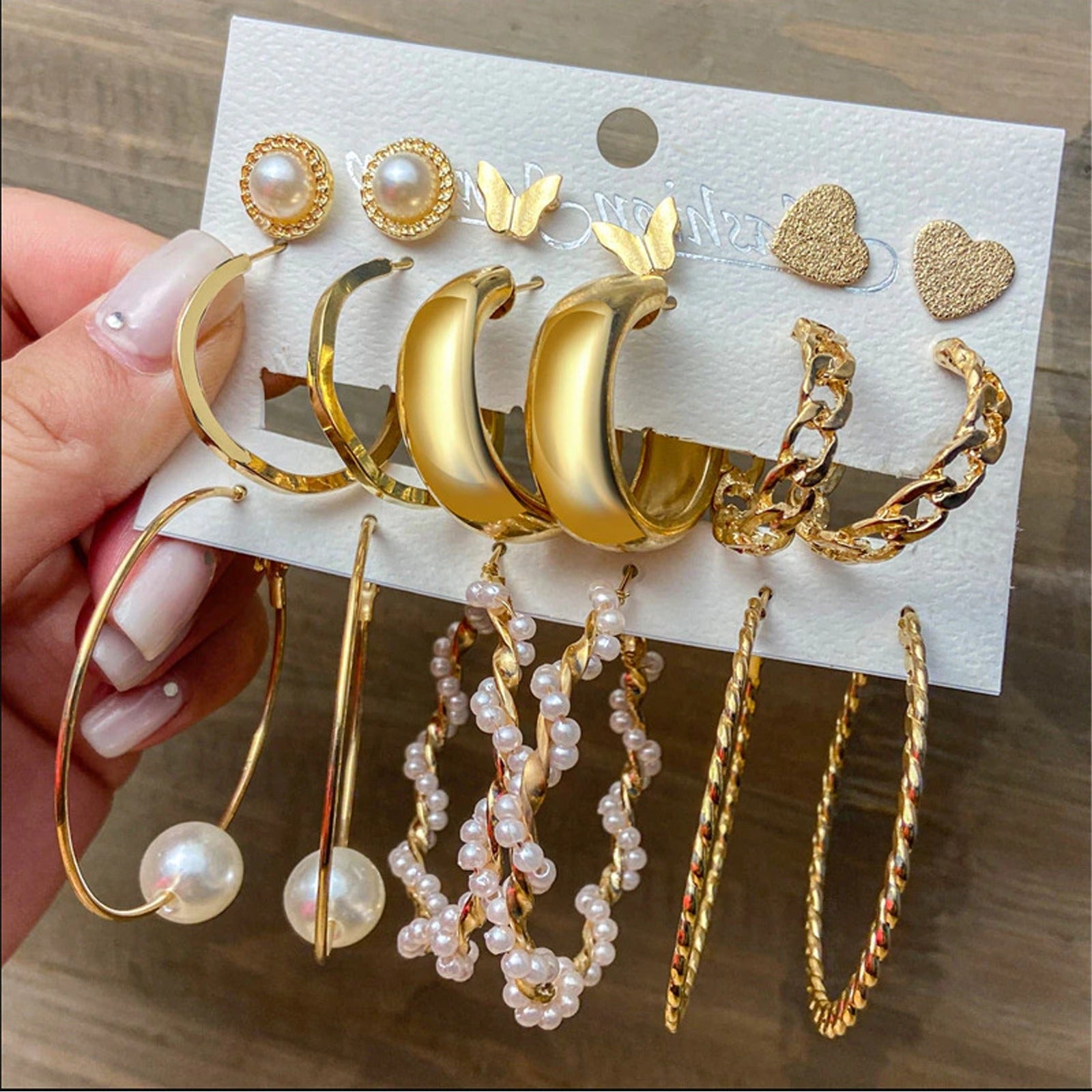 Pack of 9 pairs – hoops, pearl hoops, long pearl drops & stud