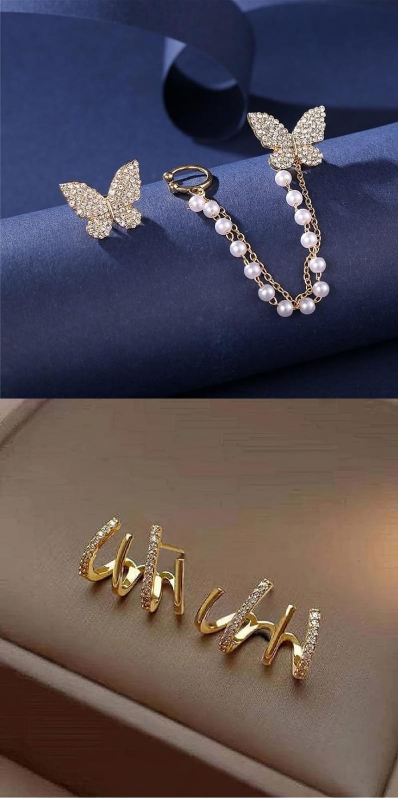 Jazz And Sizzle Set of 2 Gold-Plated Hoop & Butterfly Chain Cuff Earrings