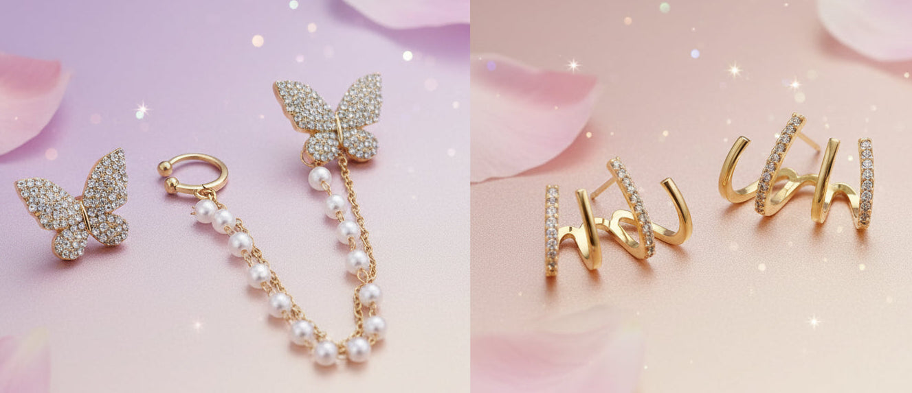 Jazz And Sizzle Set of 2 Gold-Plated Hoop & Butterfly Chain Cuff Earrings