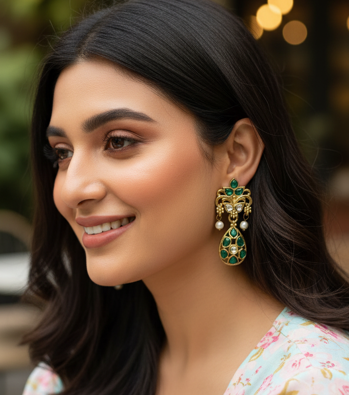 Jazz and Sizzle Gold-Plated Emerald Green Kundan Polki Dangler Earrings with Pearl Drops