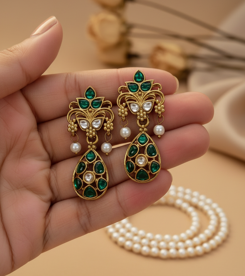 Jazz and Sizzle Gold-Plated Emerald Green Kundan Polki Dangler Earrings with Pearl Drops