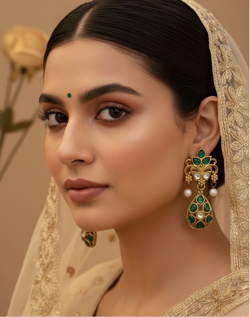 Jazz and Sizzle Gold-Plated Emerald Green Kundan Polki Dangler Earrings with Pearl Drops