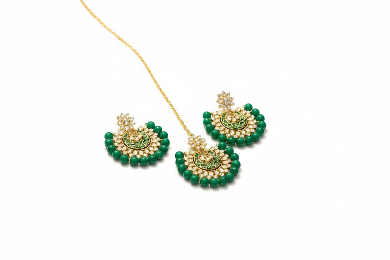 Jazz and Sizzle Gold Plated & Beaded Green Chand Bali Earring & Maangtikka Set