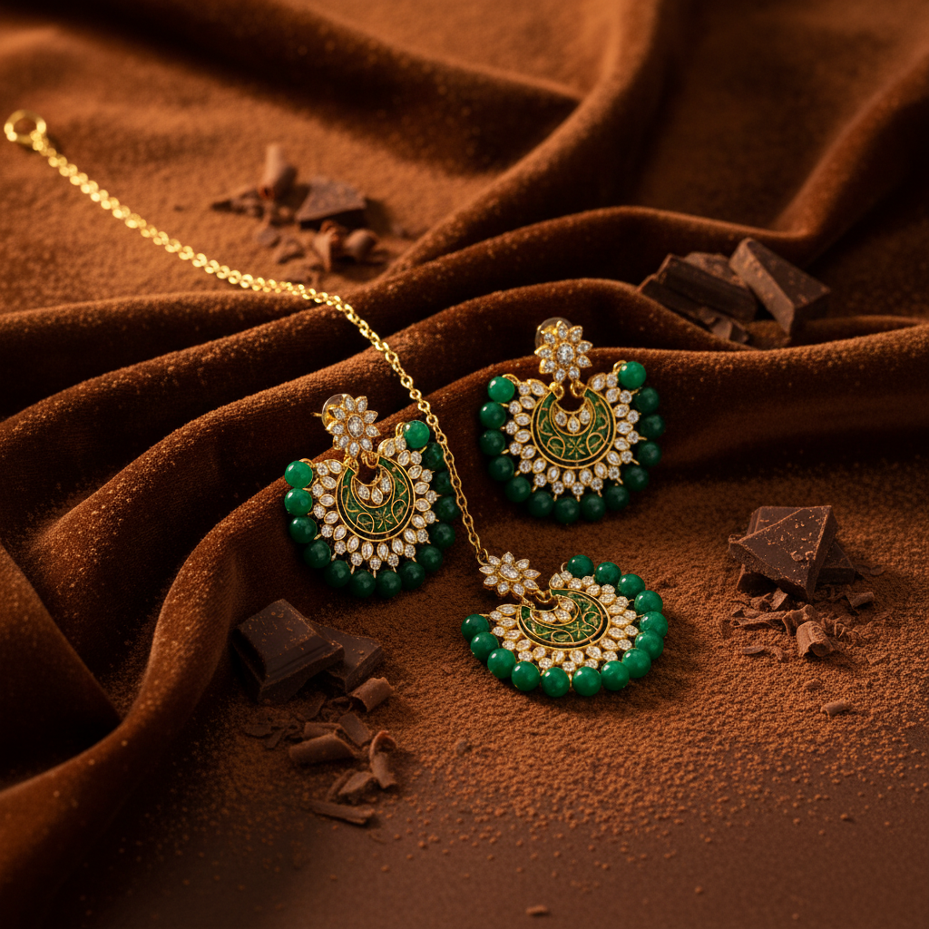 Jazz and Sizzle Gold Plated & Beaded Green Chand Bali Earring & Maangtikka Set