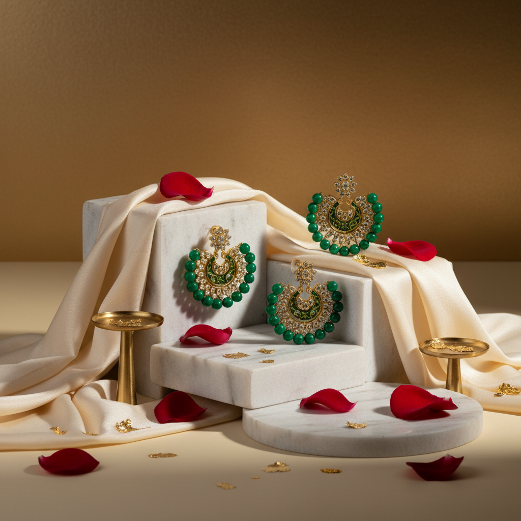 Jazz and Sizzle Gold Plated & Beaded Green Chand Bali Earring & Maangtikka Set