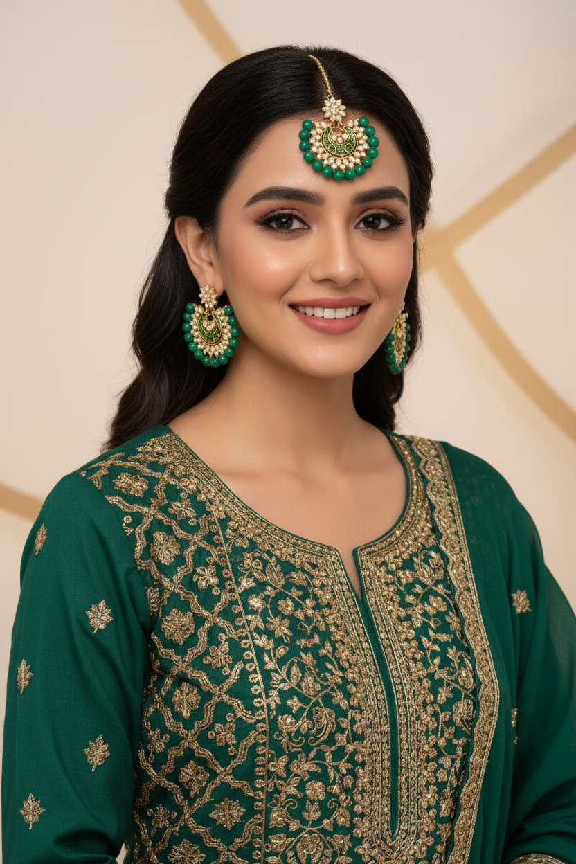 Jazz and Sizzle Gold Plated & Beaded Green Chand Bali Earring & Maangtikka Set