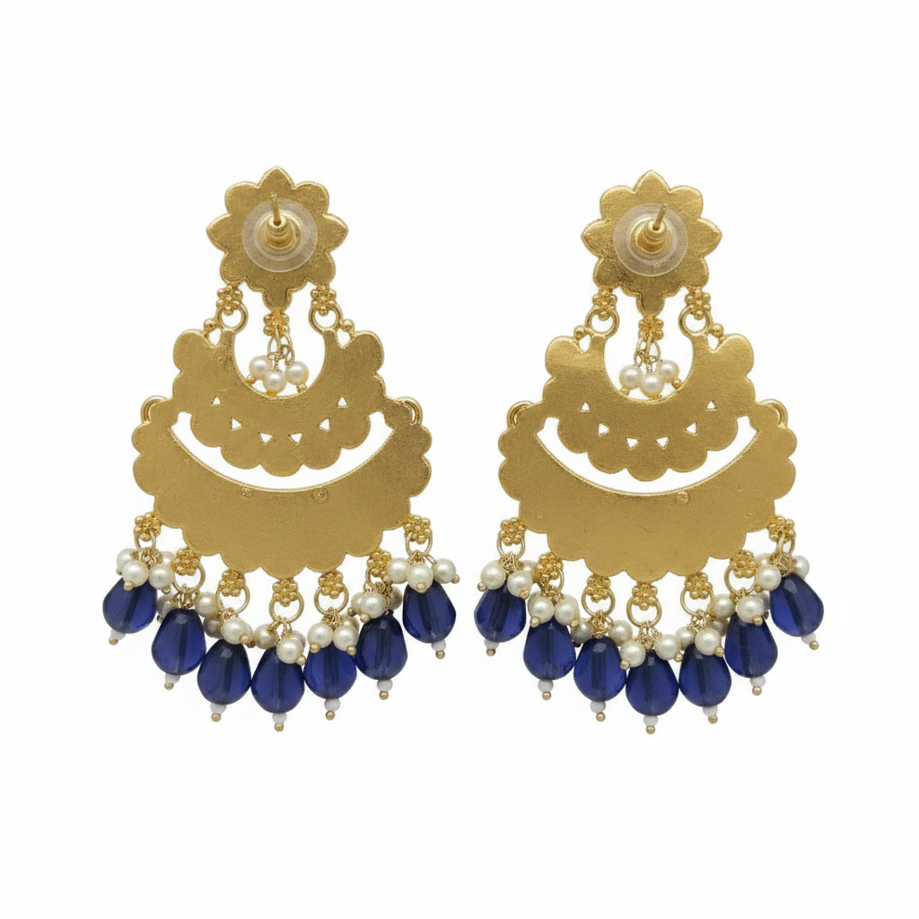 Jazz and Sizzle Gold Plated Kundan Studded & Royal Blue Pearl Drop Chandbali Earrings