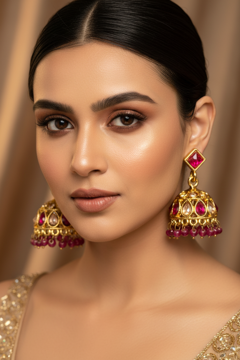 Jazz And Sizzle Gold Plated Pinkish Red Kundan & Stone Studded Jhumka Earrings