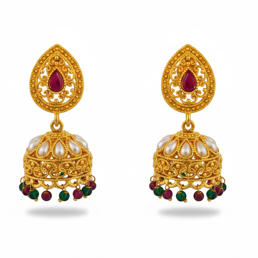 Jazz and Sizzle Gold Plated Ethnic Earrings with Pearl Beaded & Drops Jhumka Earrings