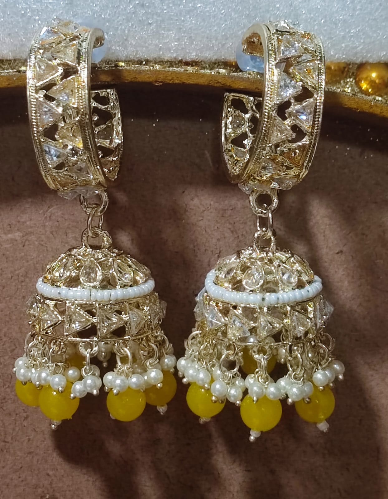 Rose-Gold Plated Ad Studded Yellow & White Beaded Jhumka Earrings