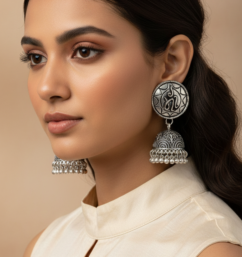 Jazz and Sizzle Silver Plated Oxidised "MAA" Everyday Jhumka Earrings