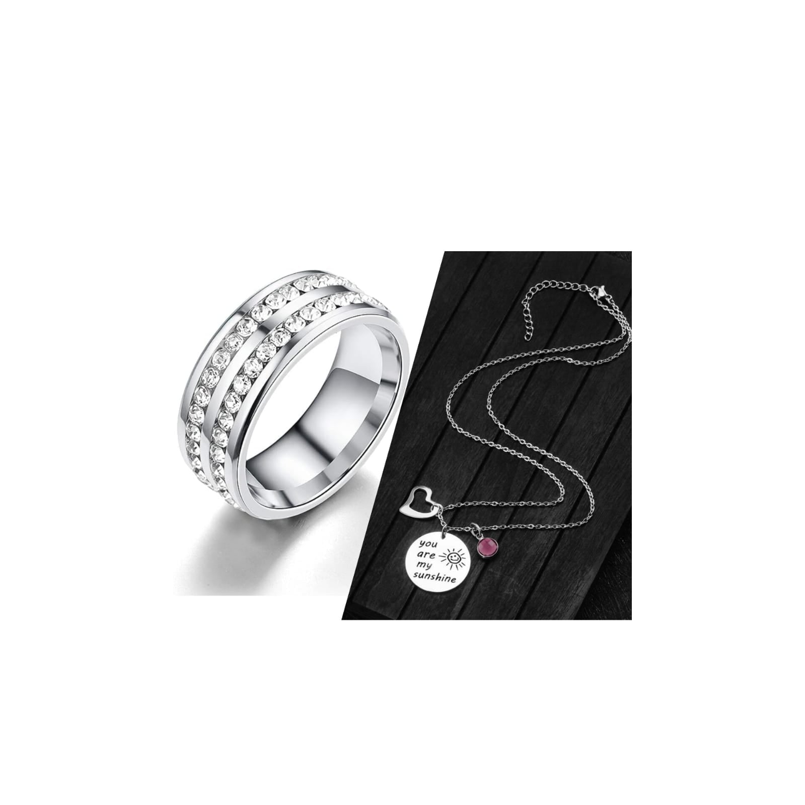 Jazz And Sizzle Set of 2 CZ Studded Ring & You Are My Sunshine Necklace Valentine Gift for Him & Her