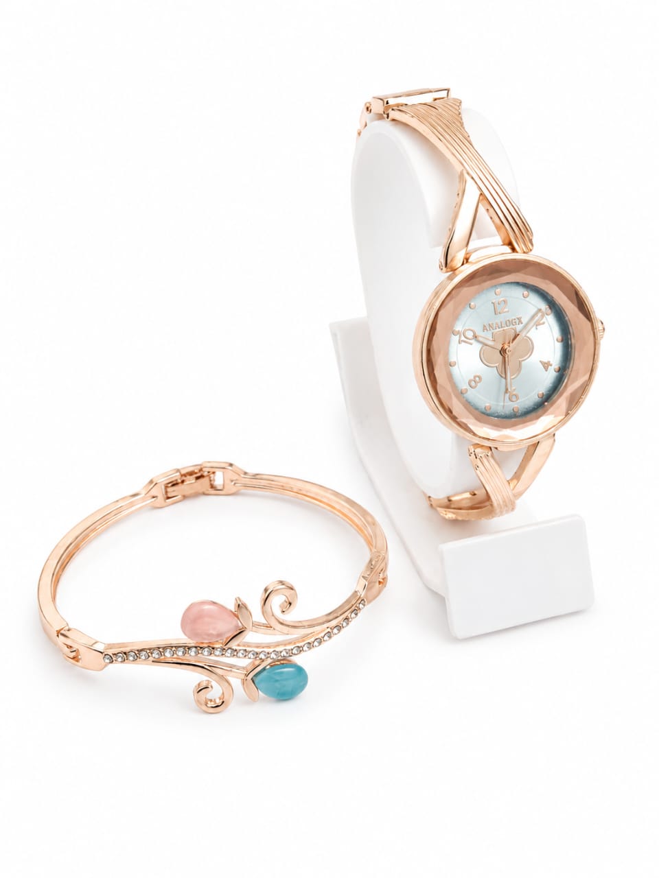 Rose Gold Analog Watch & Leaf Crystal Bracelet Combo for Women- WJ-JS26-LD0026