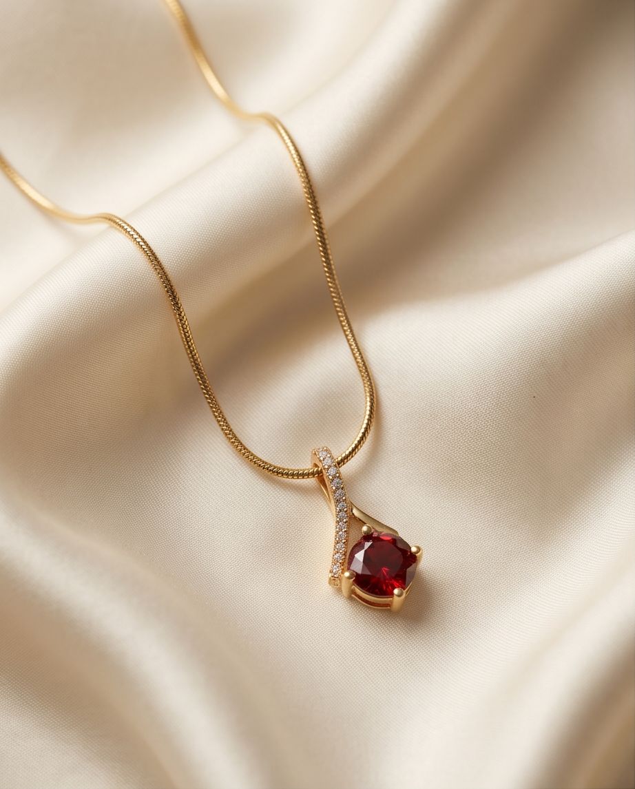Gold-Plated Ruby Red Crystal Pendant Necklace for Women | Elegant Snake Chain with CZ Accent | Daily Wear & Party Jewelry-WJ-JS26-NL0179