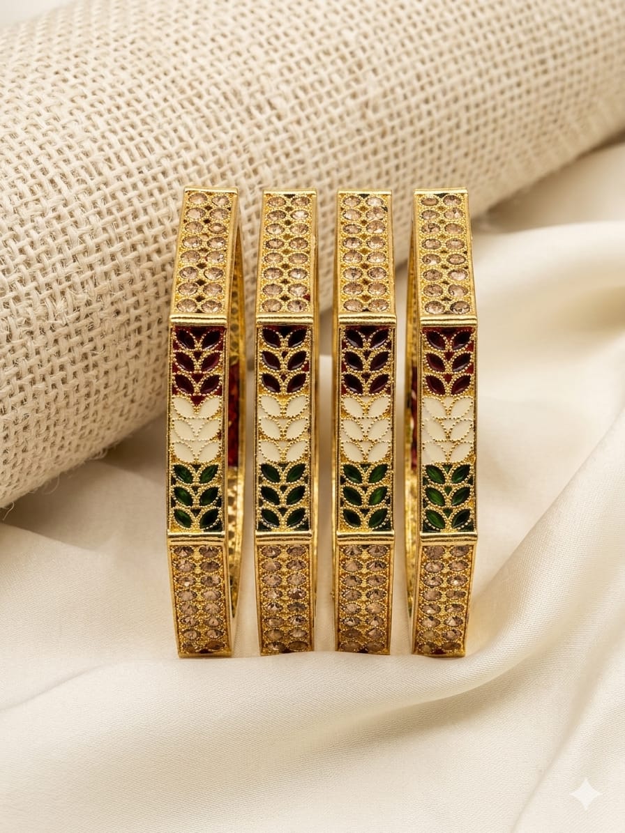 Gold-Plated Tricolor Meenakari Stone Studded Bangles Set for Women (Set of 4)