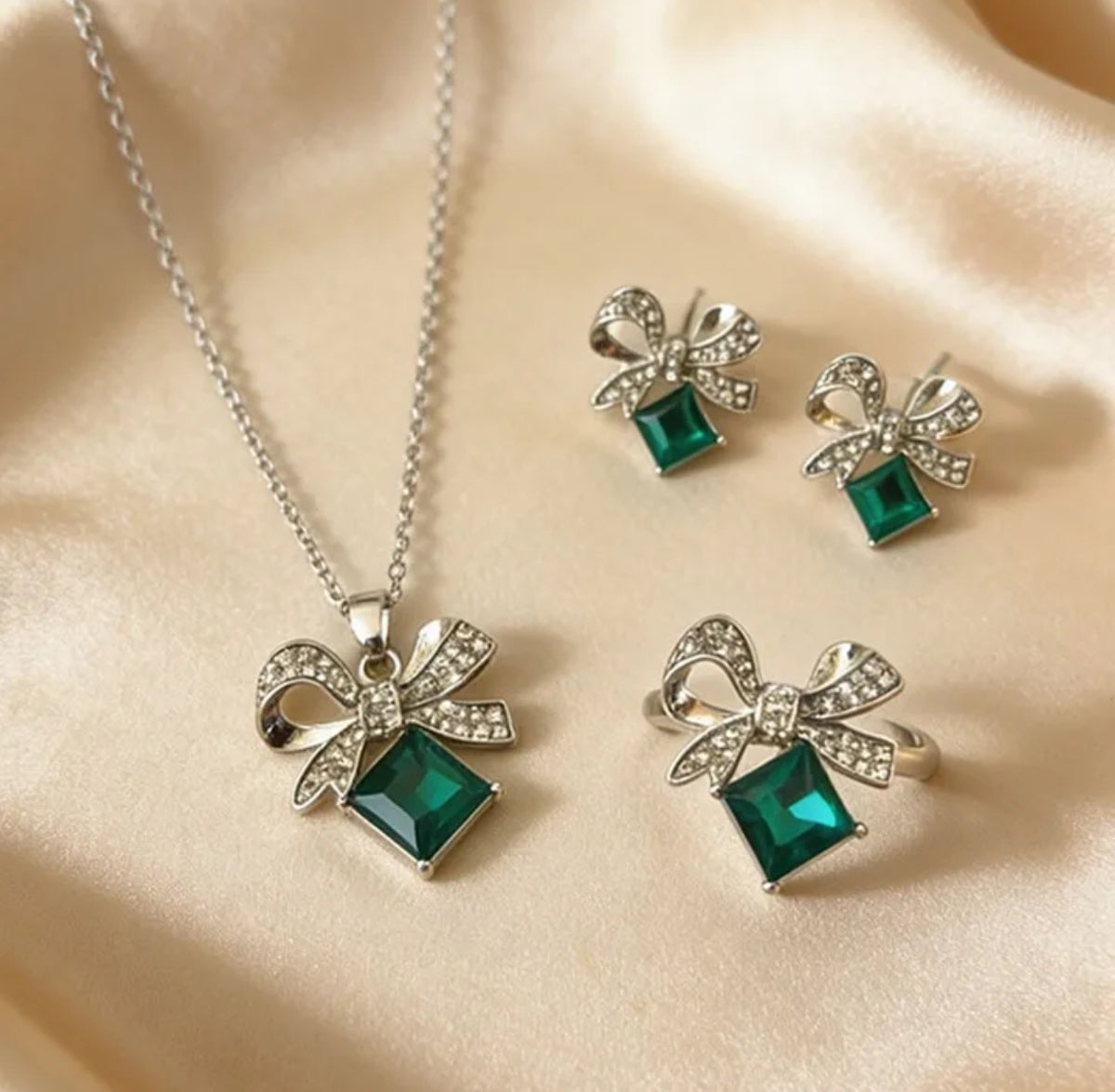 Green Bow Pendant Jewellery Set-WJ-JS26-NL0186