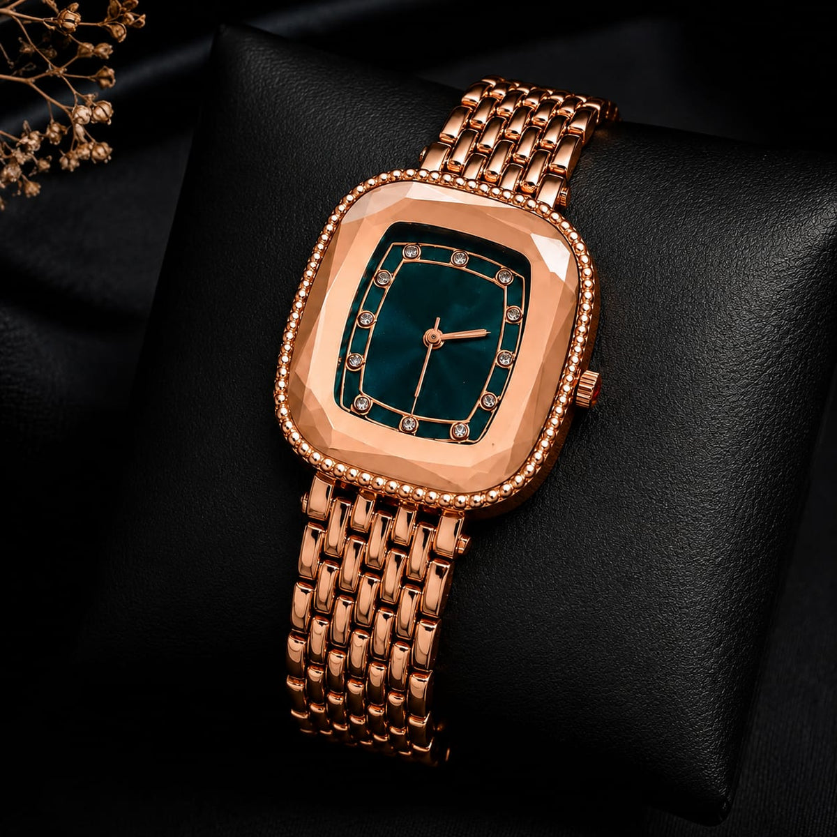 Luxury Rose Gold Green Dial Stainless Steel Watch for Women- WJ-JS26-LD0040