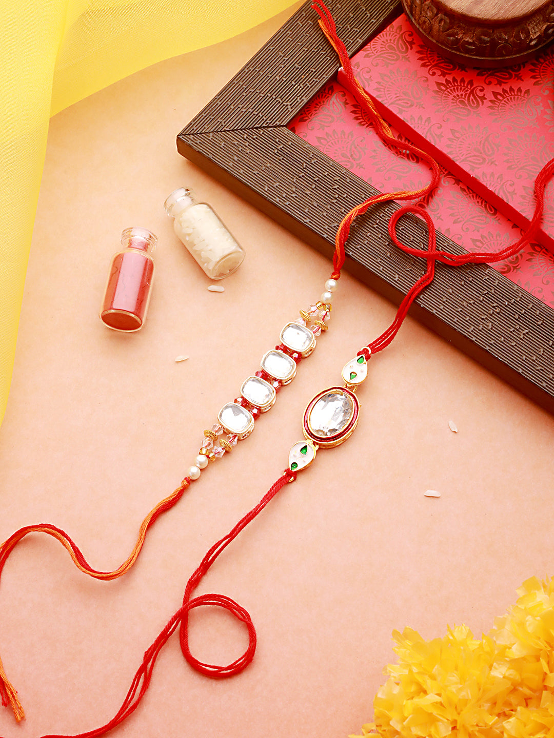 Jazz And Sizzle Set Of 2 Gold Toned Classic Kundan Chain & Thread Rakhi