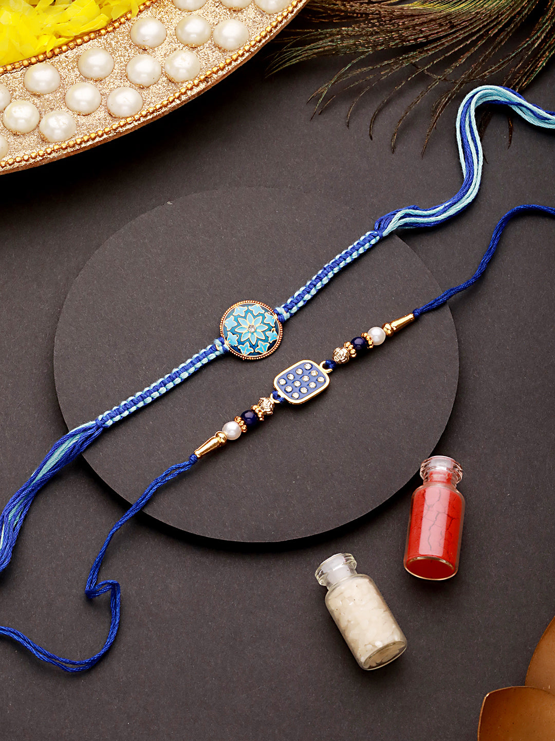 Jazz And Sizzle Set Of 2 Blue Enameled & Embellished Designer Beaded Rakhi