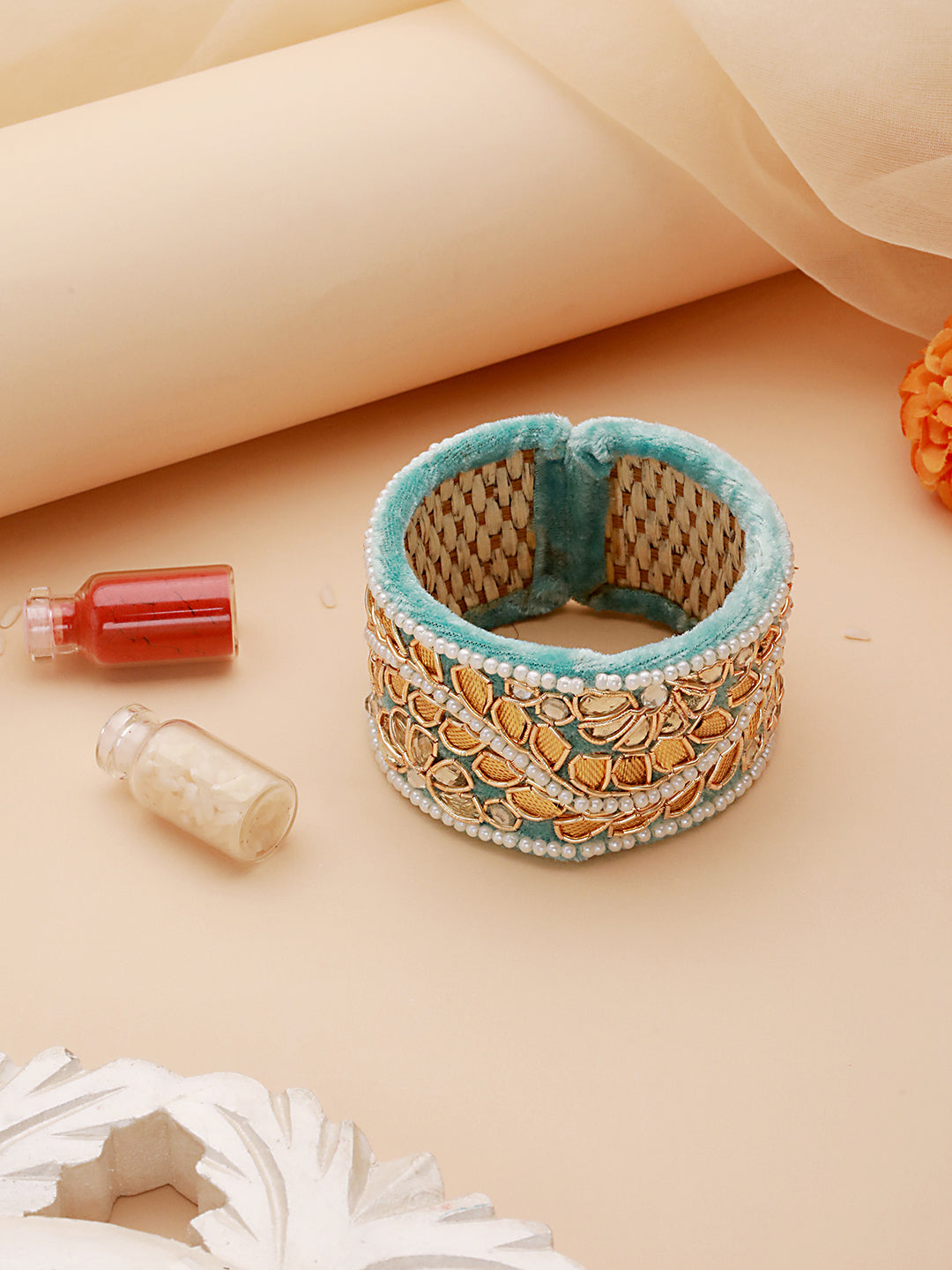 Blue & Gold Toned Beads Handwork Bangle Style Tassels Bhabhi Rakhi With Roli Chawal