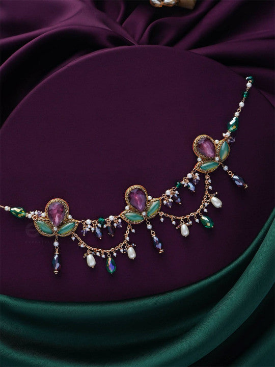 Sanjoya Stones, Beads, Glass & Pearl Drop Embroidered Neckpiece