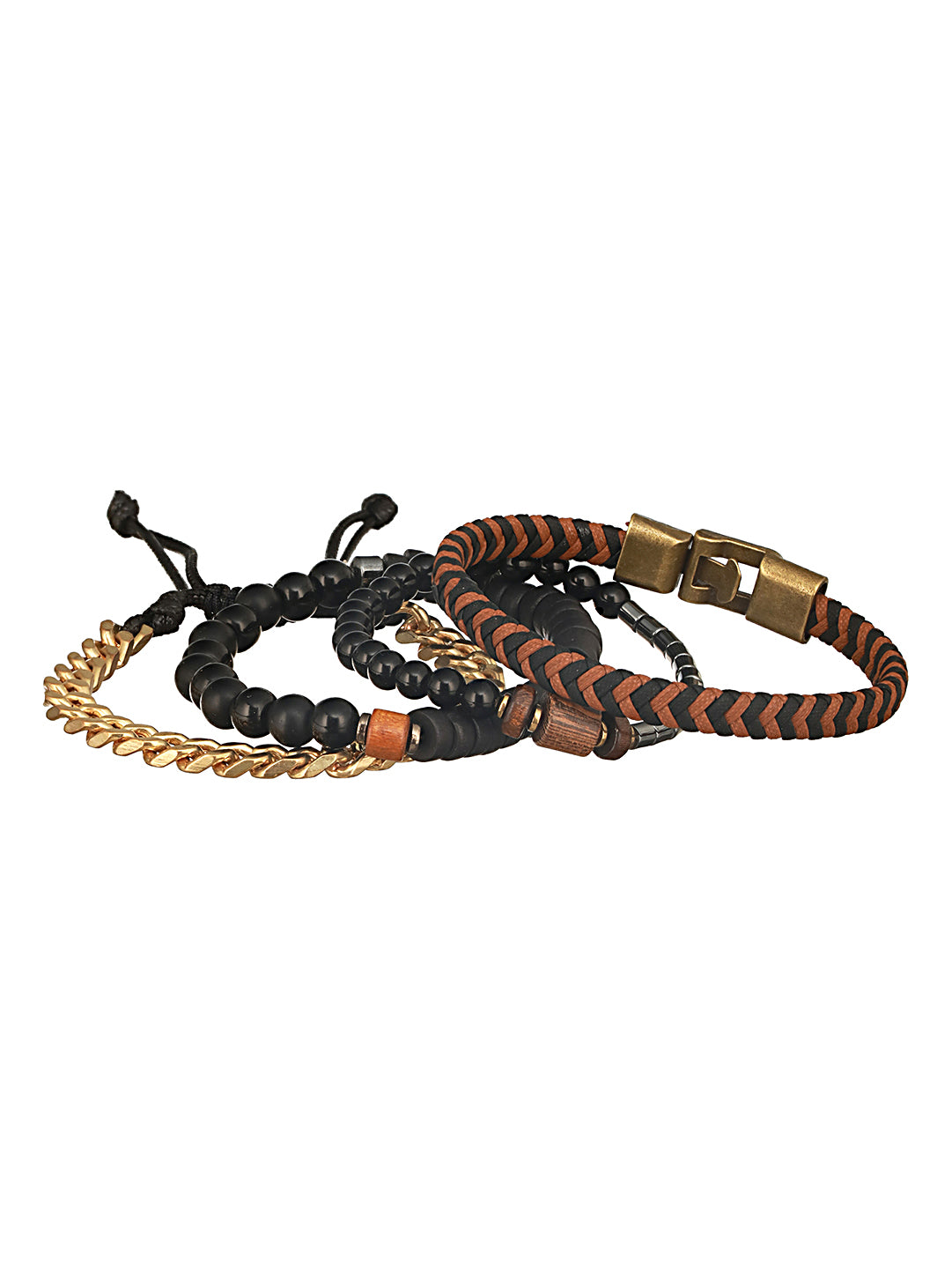 Jazz And Sizzle Men Set of 4 Black Beaded Elasticated & Brown Leather Bracelet with Chain Bracelet