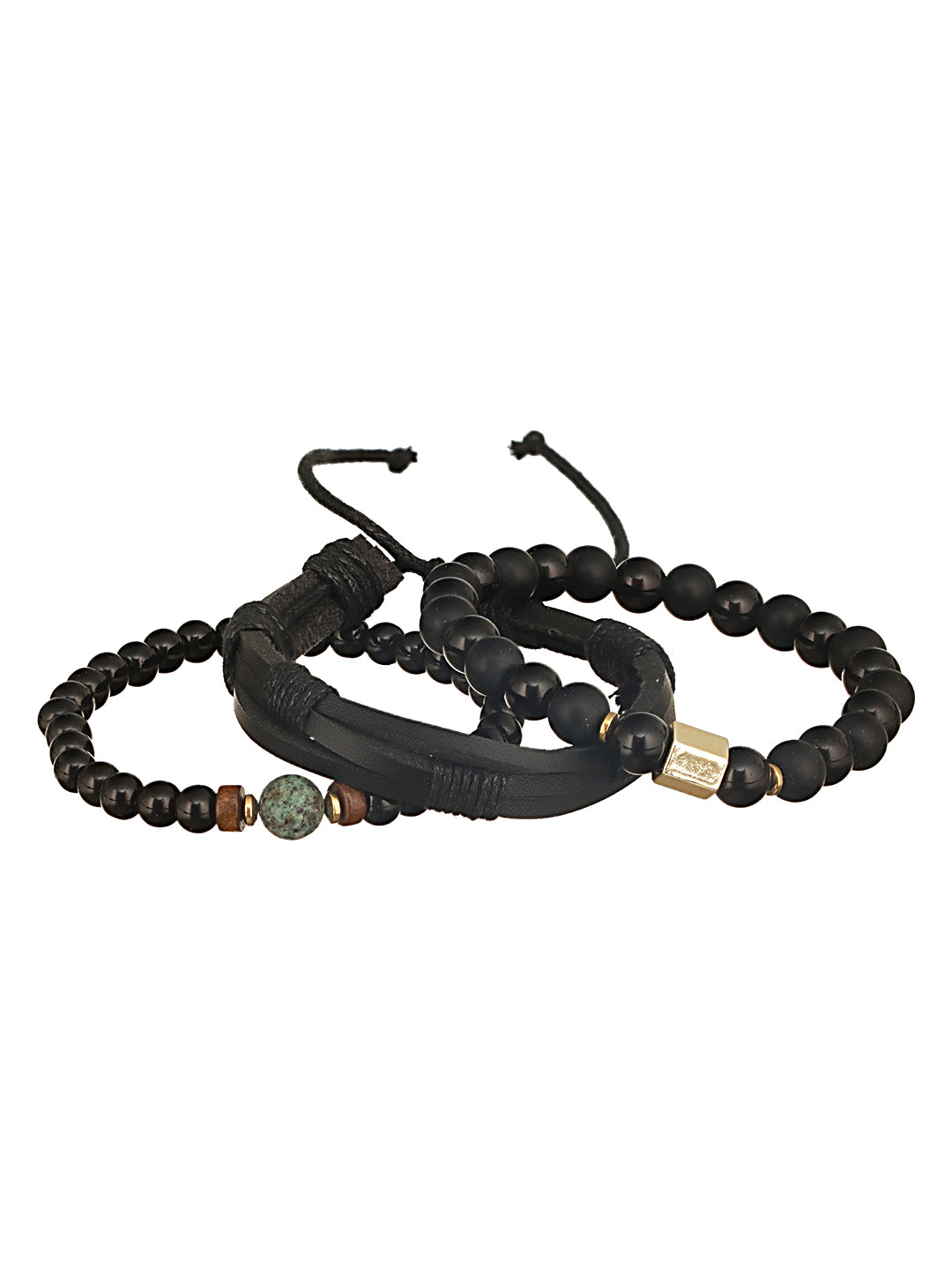 Jazz And Sizzle Men Set of 3 Black Beaded Elasticated & Leather Wraparound Bracelet