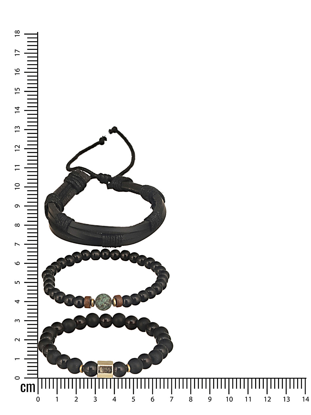 Jazz And Sizzle Men Set of 3 Black Beaded Elasticated & Leather Wraparound Bracelet