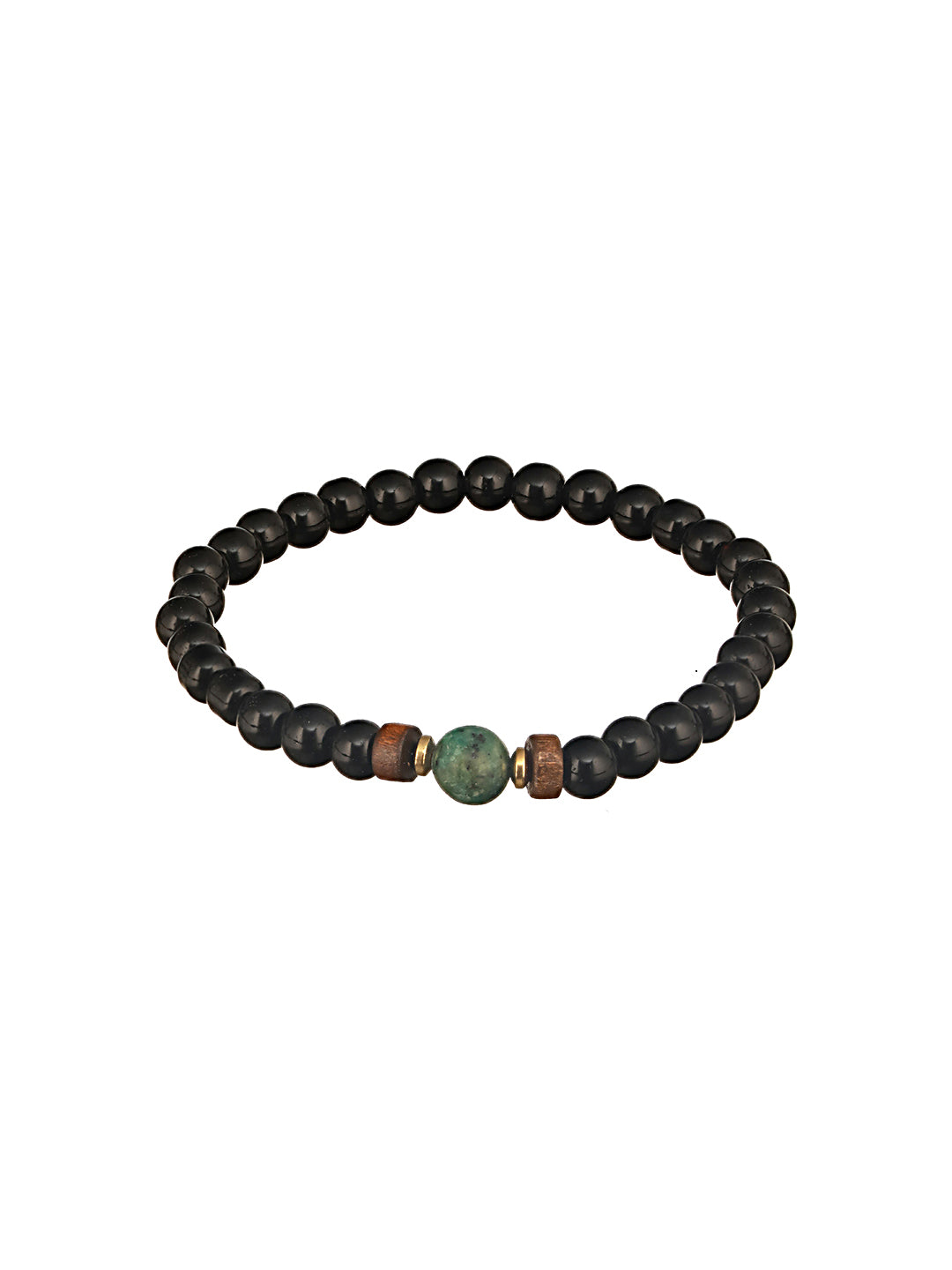 Jazz And Sizzle Men Set of 3 Black Green Beaded Elasticated & Leather Wraparound Bracelet