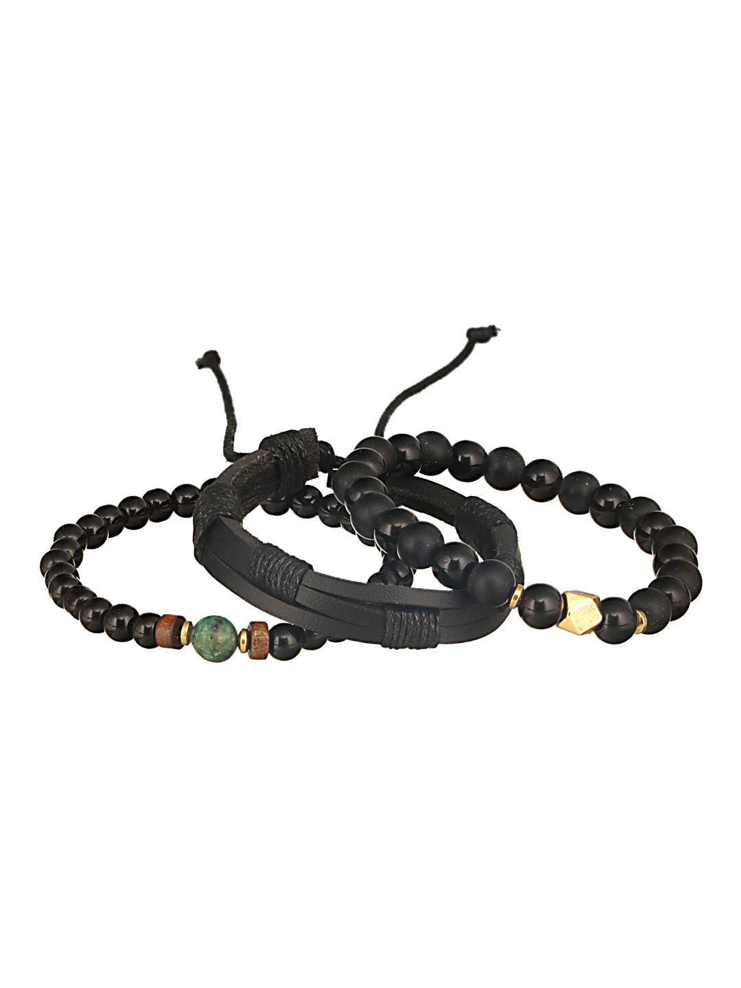 Jazz And Sizzle Men Set of 3 Black Green Beaded Elasticated & Leather Wraparound Bracelet