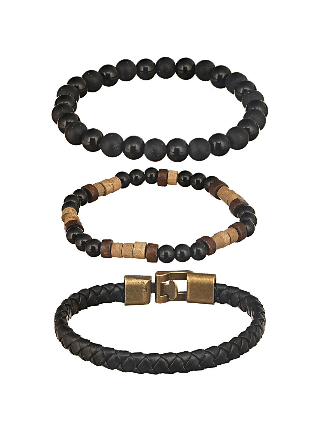 Jazz And Sizzle Men's Set of 3 Brown and Black Elasticated Beaded bracelet