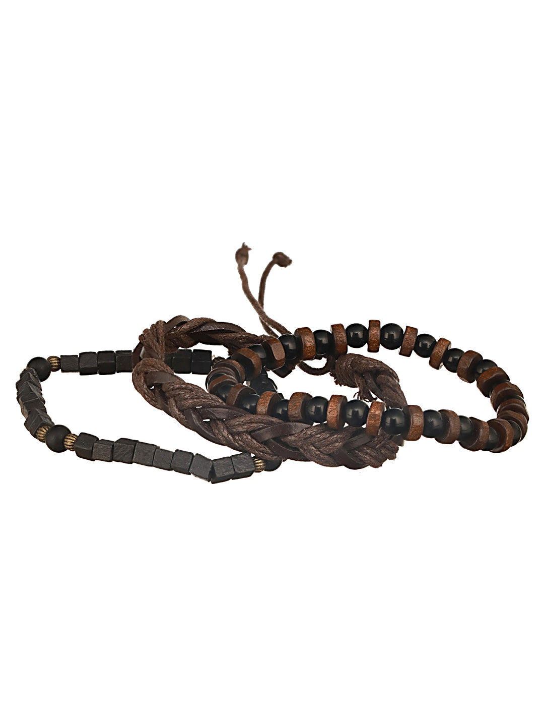 Jazz And Sizzle Men Set of 3 Brown Beaded Elasticated & Leather Wraparound Bracelet