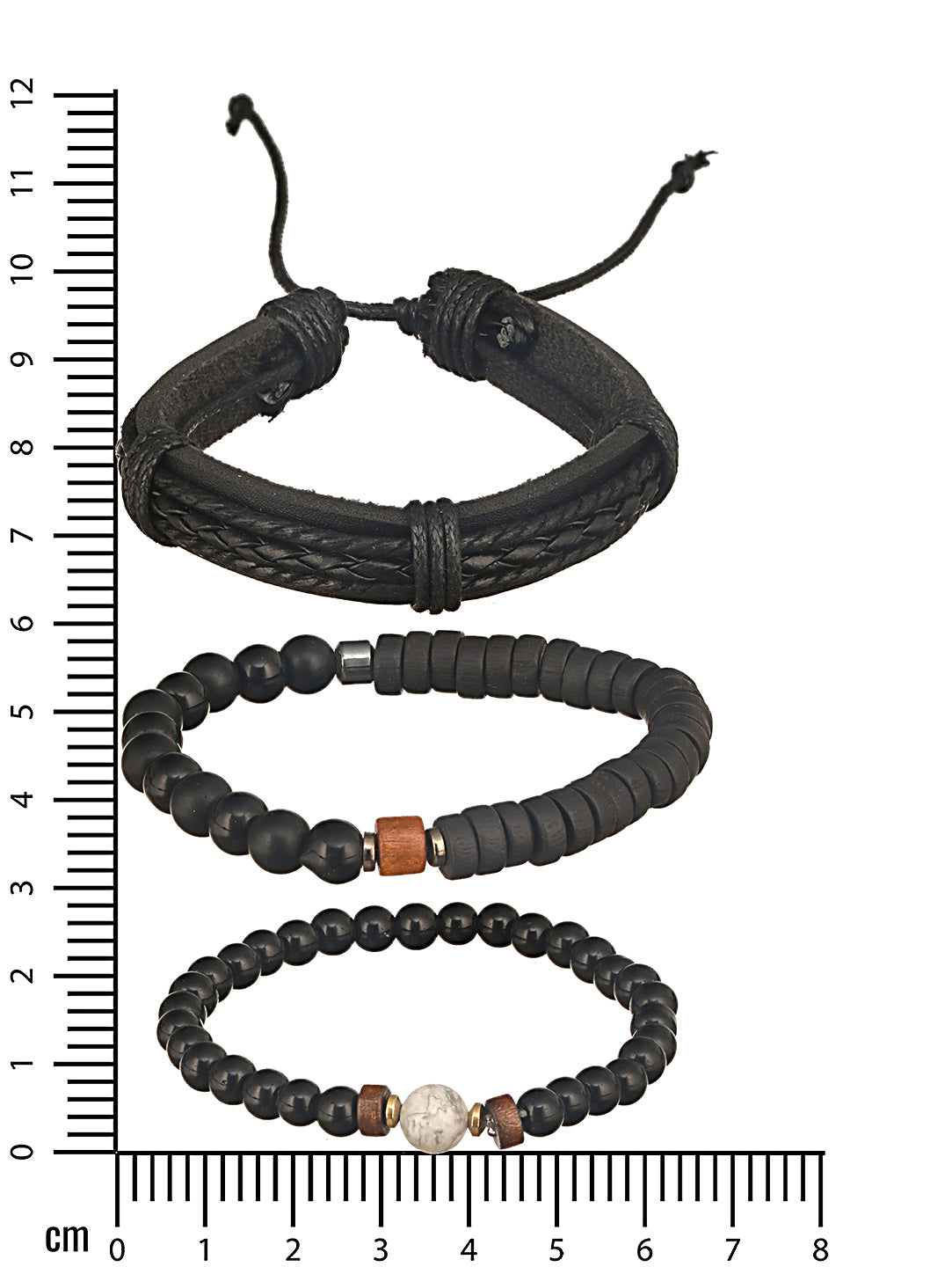 Jazz And Sizzle Men Set of 3 Black Beaded Elasticated & Leather Wraparound Bracelet