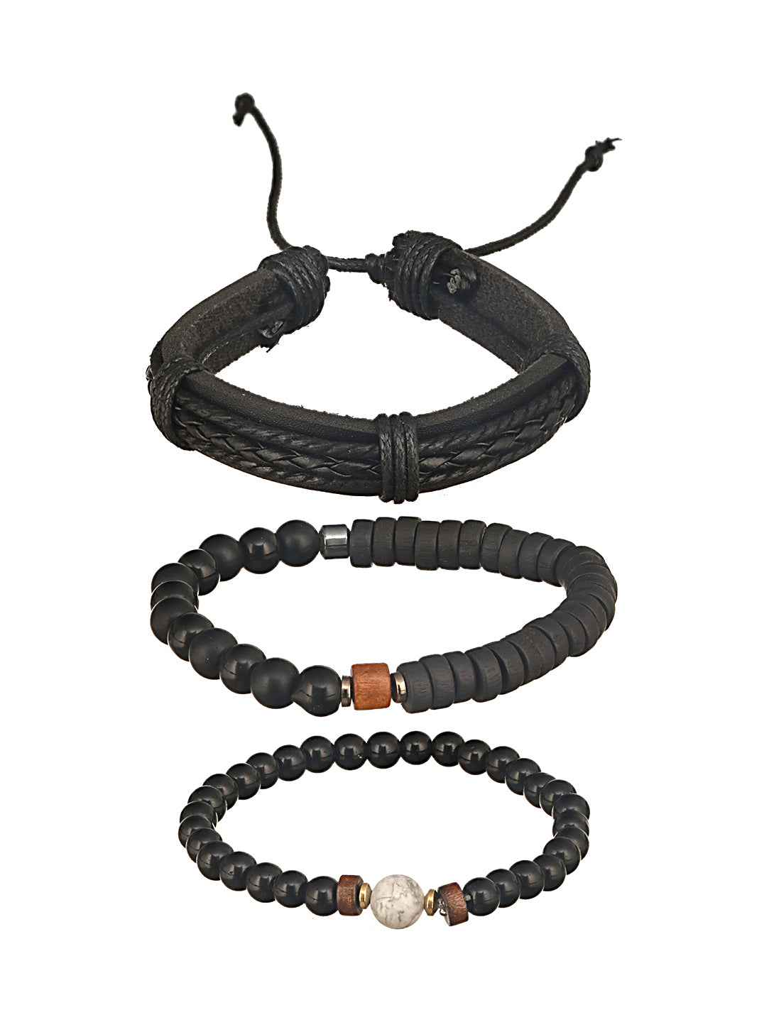 Jazz And Sizzle Men Set of 3 Black Beaded Elasticated & Leather Wraparound Bracelet